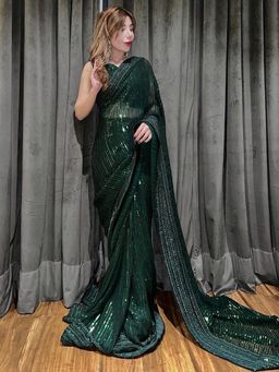 Akhilam - Women's Georgette Green Embellished Designer Saree with Unstitched Blouse