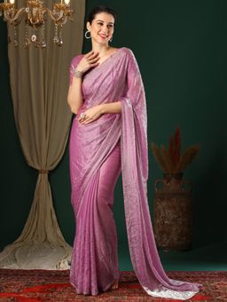 Akhilam - Women's Organza Pink Embellished Designer Saree with Unstitched Blouse