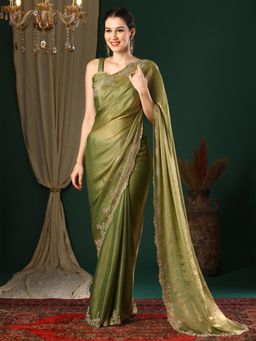 Akhilam - Women's Organza Olive Embellished Designer Saree with Unstitched Blouse