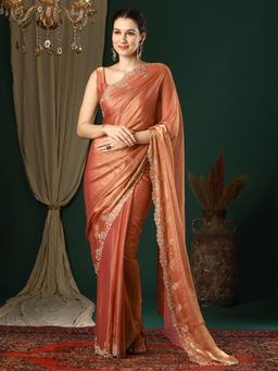 Akhilam - Women's Organza Orange Embellished Designer Saree with Unstitched Blouse