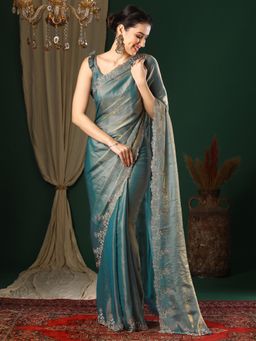 Akhilam - Women's Organza Teal Blue Embellished Designer Saree with Unstitched Blouse