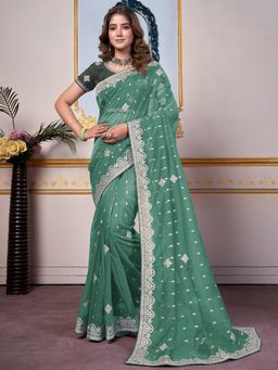 Sareemall - Women's Organza Sea Green Embellished Designer Saree with Unstitched Blouse