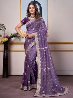Sareemall - Women's Organza Purple Embellished Designer Saree with Unstitched Blouse