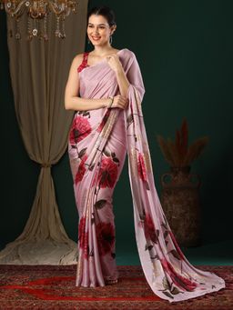 Akhilam - Women's Georgette Mauve Floral Designer Saree with Unstitched Blouse