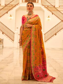 Akhilam - Women's Silk Blend Mustard Printed Designer Saree with Unstitched Blouse