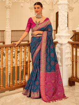 Akhilam - Women's Silk Blend Teal Blue Printed Designer Saree with Unstitched Blouse