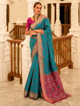 Akhilam - Women's Silk Blend Blue Printed Designer Saree with Unstitched Blouse