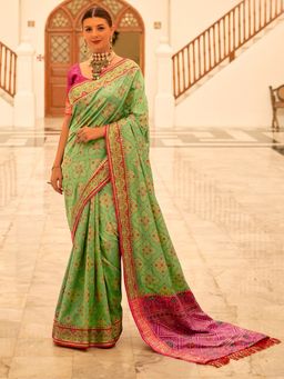 Akhilam - Women's Silk Blend Light Green Printed Designer Saree with Unstitched Blouse