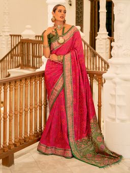 Akhilam - Women's Silk Blend Pink Printed Designer Saree with Unstitched Blouse