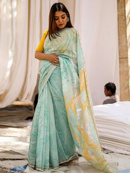 Akhilam - Women's Cotton Linen Blue Printed Designer Saree with Unstitched Blouse