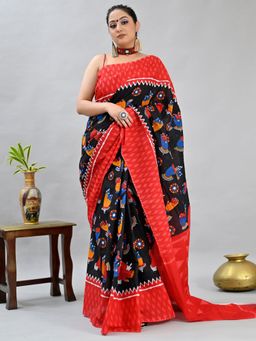 Akhilam - Women's Cotton Linen Black Printed Designer Saree with Unstitched Blouse