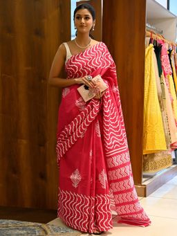 Akhilam - Women's Malai Silk Pink Printed Saree with Unstitched Blouse
