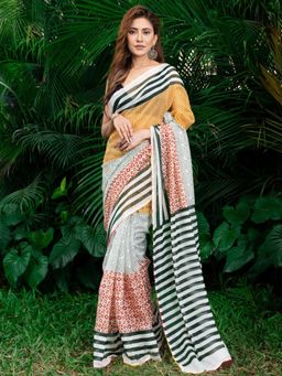 Akhilam - Women's Malai Silk Mustard Printed Saree with Unstitched Blouse