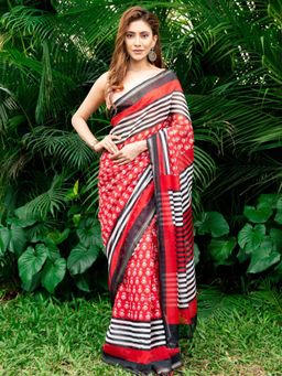 Akhilam - Women's Khadi Cotton Red Printed Saree with Unstitched Blouse