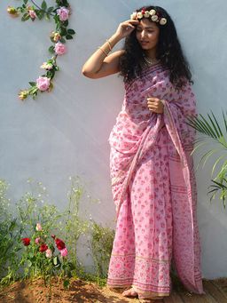 Akhilam - Women's Khadi Cotton Pink Printed Saree with Unstitched Blouse