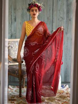 Akhilam - Women's Khadi Cotton Maroon Floral Saree with Unstitched Blouse