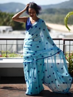 Akhilam - Women's Cotton Blue Saree with Unstitched Blouse