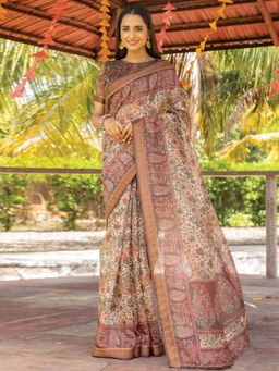 Akhilam - Women's Cotton Beige Printed Saree with Unstitched Blouse