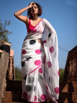 Akhilam - Women's Cotton White Printed Saree with Unstitched Blouse