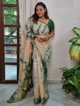 Akhilam - Women's Cotton Beige Printed Saree with Unstitched Blouse