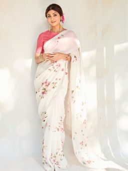Akhilam - Women's Cotton White Floral Saree with Unstitched Blouse