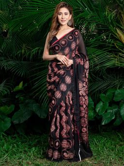 Akhilam - Women's Cotton Black Printed Saree with Unstitched Blouse