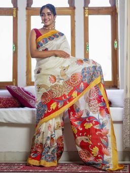 Akhilam - Women's Cotton Off White Printed Saree with Unstitched Blouse