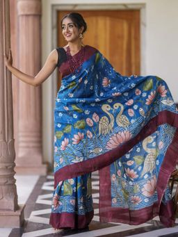 Akhilam - Women's Cotton Navy Blue Printed Saree with Unstitched Blouse