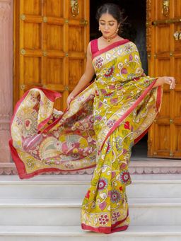 Akhilam - Women's Cotton Yellow Printed Saree with Unstitched Blouse
