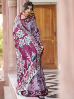 Akhilam - Women's Cotton Mauve Printed Saree with Unstitched Blouse