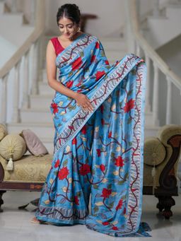 Akhilam - Women's Cotton Blue Printed Saree with Unstitched Blouse