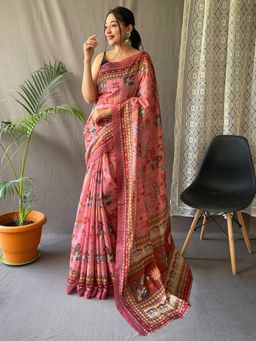 Akhilam - Women's Cotton Linen Pink Printed Designer Saree with Unstitched Blouse