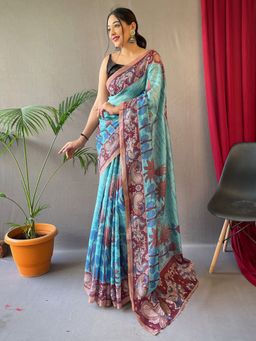 Akhilam - Women's Cotton Linen Blue Printed Designer Saree with Unstitched Blouse
