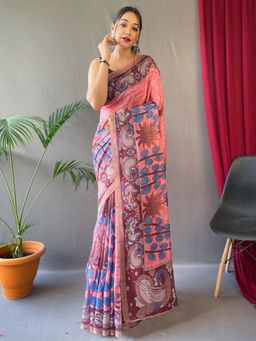 Akhilam - Women's Cotton Linen Pink Printed Designer Saree with Unstitched Blouse