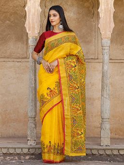 Akhilam - Women's Cotton Linen Yellow Printed Designer Saree with Unstitched Blouse