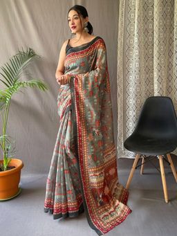 Akhilam - Women's Cotton Linen Grey Printed Designer Saree with Unstitched Blouse