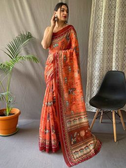 Akhilam - Women's Cotton Linen Orange Printed Designer Saree with Unstitched Blouse