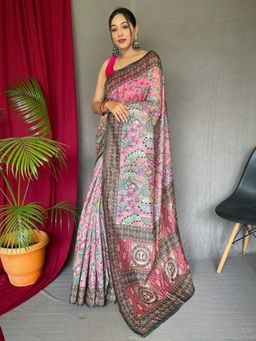 Akhilam - Women's Cotton Linen Pink Printed Designer Saree with Unstitched Blouse