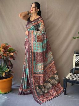 Akhilam - Women's Cotton Linen Blue Printed Designer Saree with Unstitched Blouse