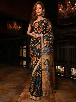 Akhilam - Women's Cotton Linen Black Floral Designer Saree with Unstitched Blouse