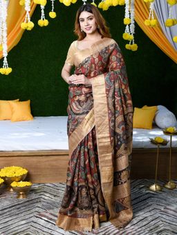 Akhilam - Women's Cotton Linen Brown Printed Designer Saree with Unstitched Blouse