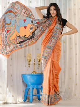 Akhilam - Women's Cotton Linen Peach Printed Designer Saree with Unstitched Blouse