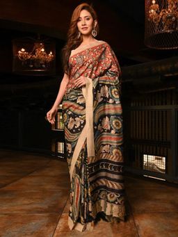 Akhilam - Women's Cotton Linen Brown Printed Designer Saree with Unstitched Blouse