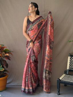 Akhilam - Women's Cotton Linen Rose Gold Printed Designer Saree with Unstitched Blouse