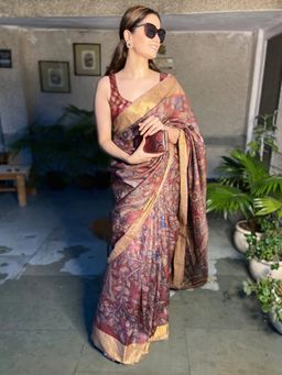 Akhilam - Women's Cotton Linen Brown Printed Designer Saree with Unstitched Blouse