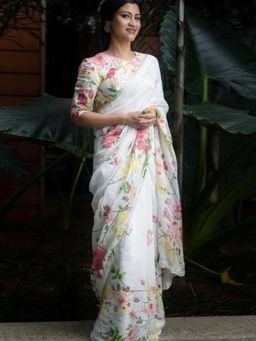 Akhilam - Women's Cotton Linen White Floral Designer Saree with Unstitched Blouse