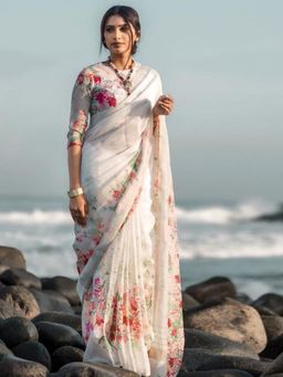 Akhilam - Women's Cotton Linen White Floral Designer Saree with Unstitched Blouse