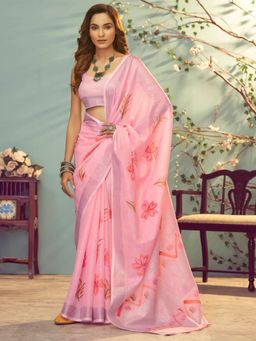 Akhilam - Women's Cotton Linen Pink Floral Designer Saree with Unstitched Blouse