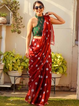 Akhilam - Women's Cotton Linen Maroon Printed Designer Saree with Unstitched Blouse