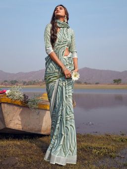 Akhilam - Women's Cotton Linen Sea Green Printed Designer Saree with Unstitched Blouse